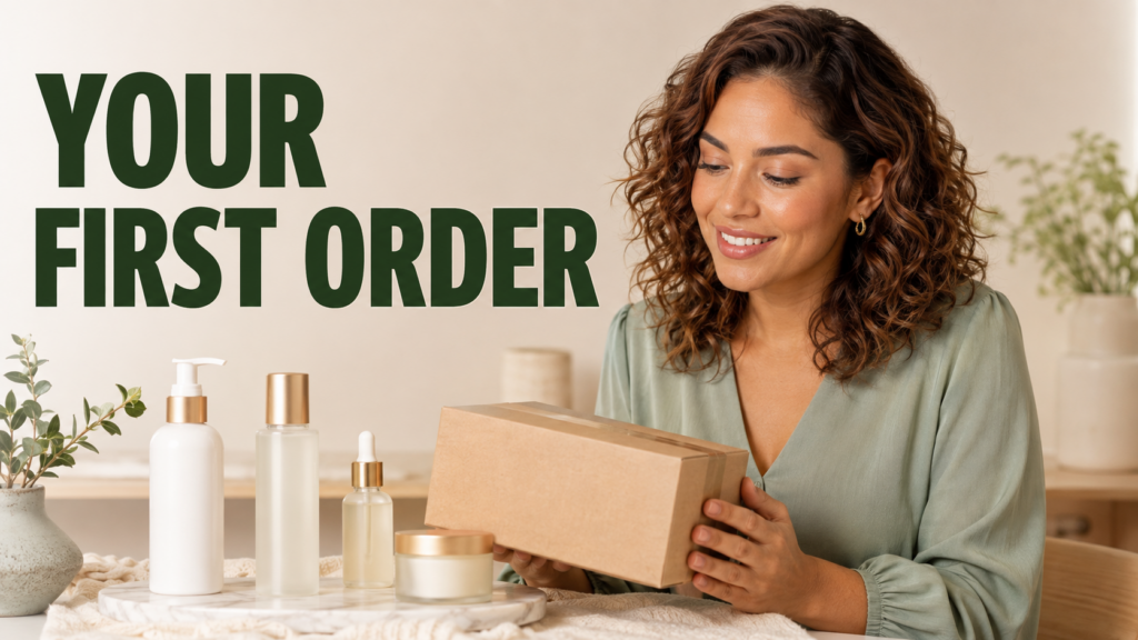 AI-created beauty illustration with unbranded cosmetics: YOUR FIRST ORDER