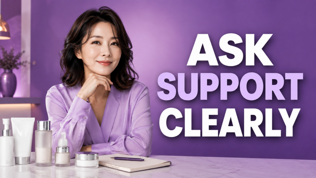 AI-created beauty illustration with unbranded cosmetics: ASK SUPPORT CLEARLY