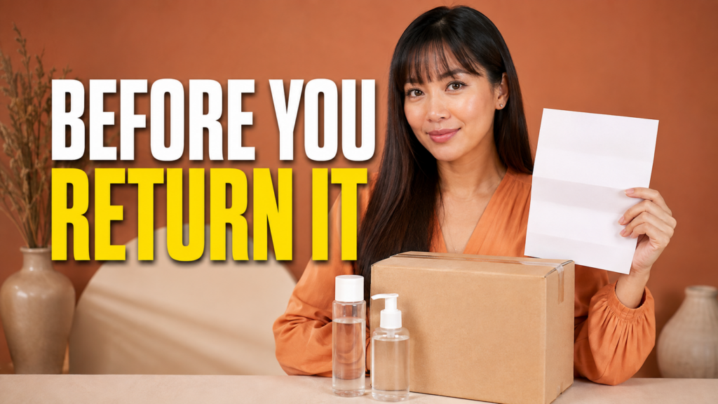 AI-created beauty illustration with unbranded cosmetics: BEFORE YOU RETURN IT