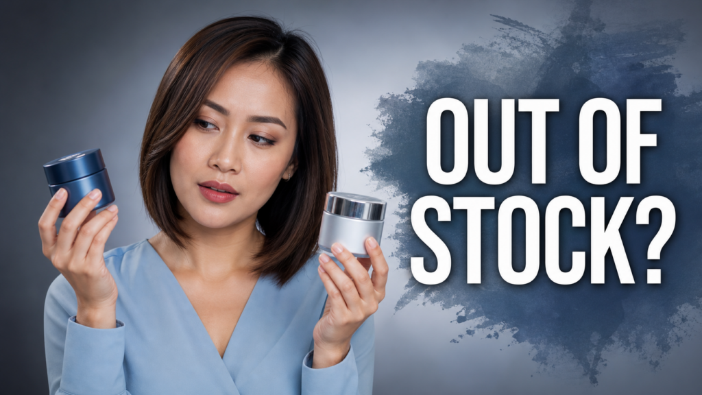 AI-created beauty illustration with unbranded cosmetics: OUT OF STOCK?