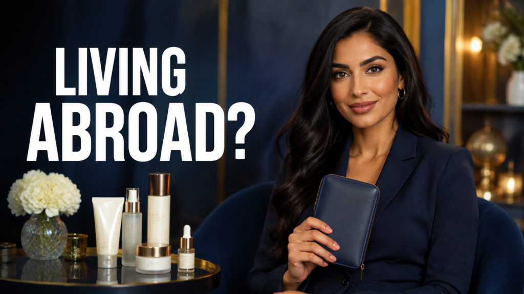 AI-created beauty illustration with unbranded cosmetics: LIVING ABROAD?