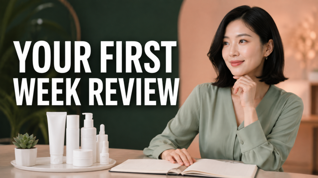 AI-created beauty illustration with unbranded cosmetics: YOUR FIRST WEEK REVIEW