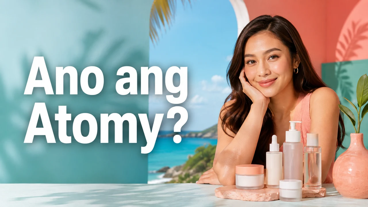 Babaeng nasa tabi ng mga bote ng skincare na walang tatak at may pamagat na Ano ang Atomy