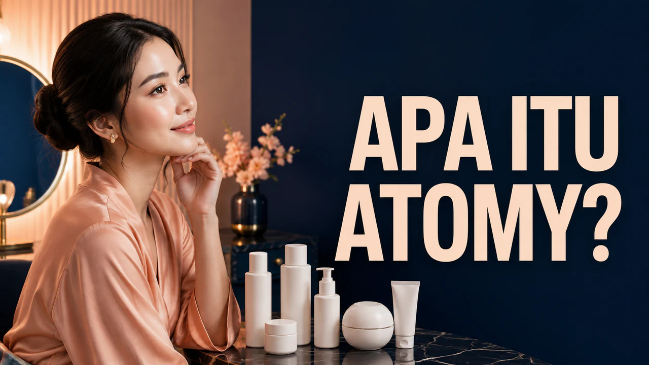 Perempuan di samping botol perawatan kulit tanpa merek dan judul Apa Itu Atomy