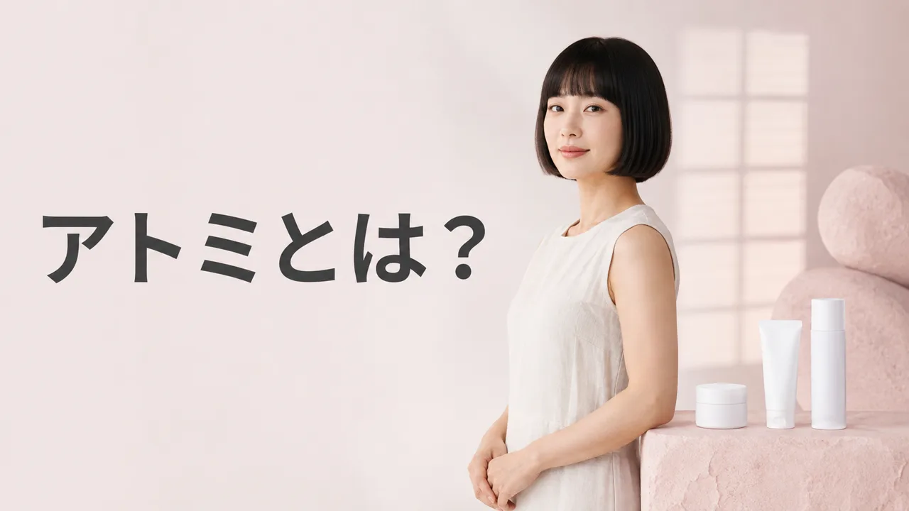 『アトミとは？』という見出しと、無地のスキンケア容器のそばにいる女性