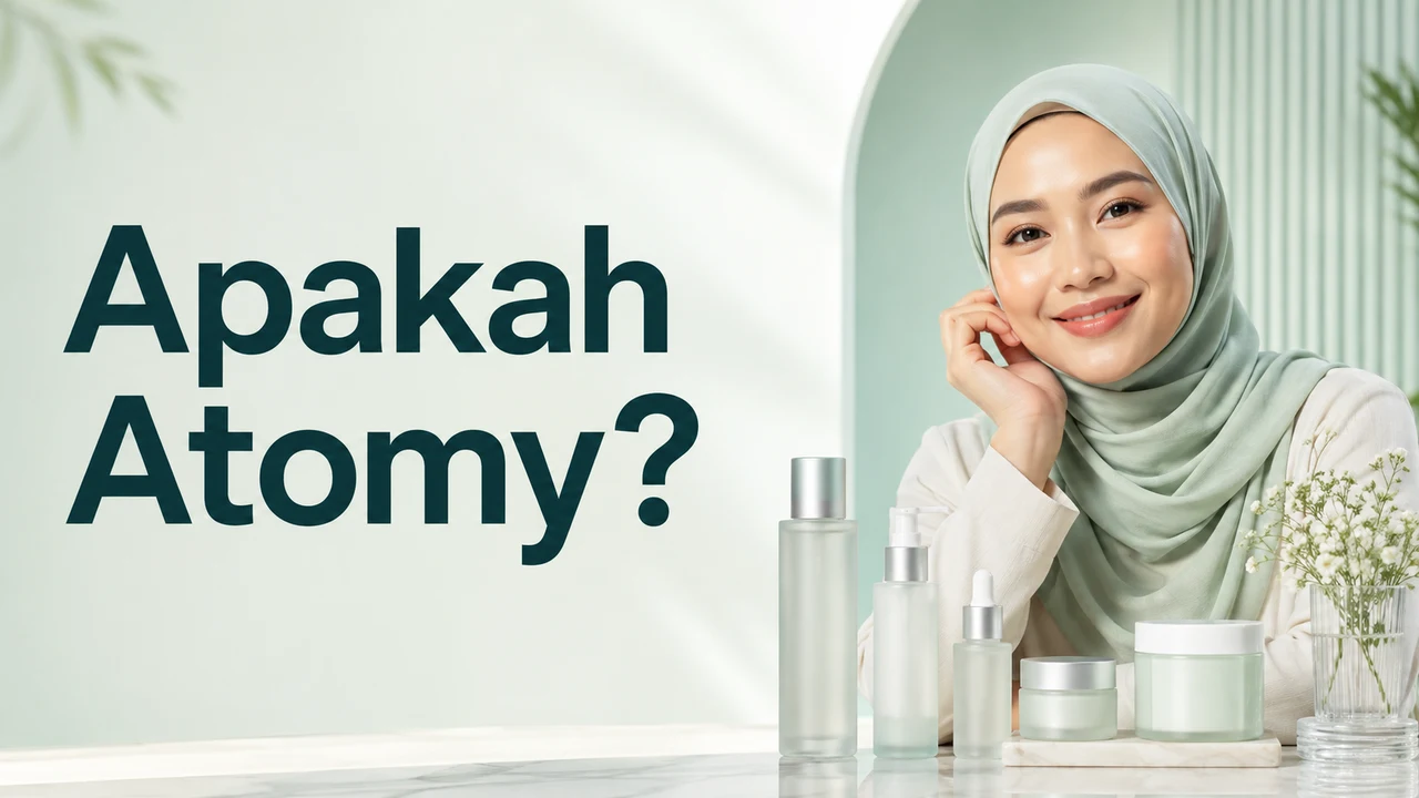 Wanita di sebelah botol penjagaan kulit tanpa jenama dengan tajuk Apakah Atomy