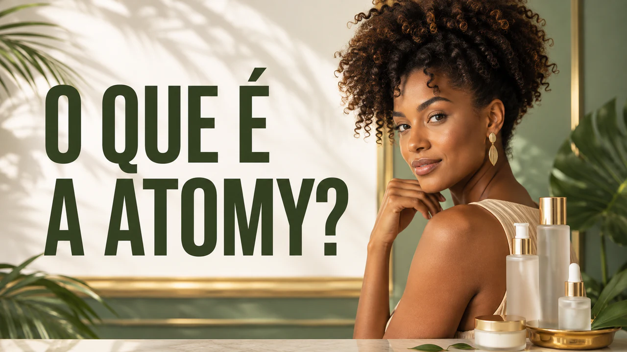 Mulher ao lado de frascos de skincare sem marca e do título O que é a Atomy