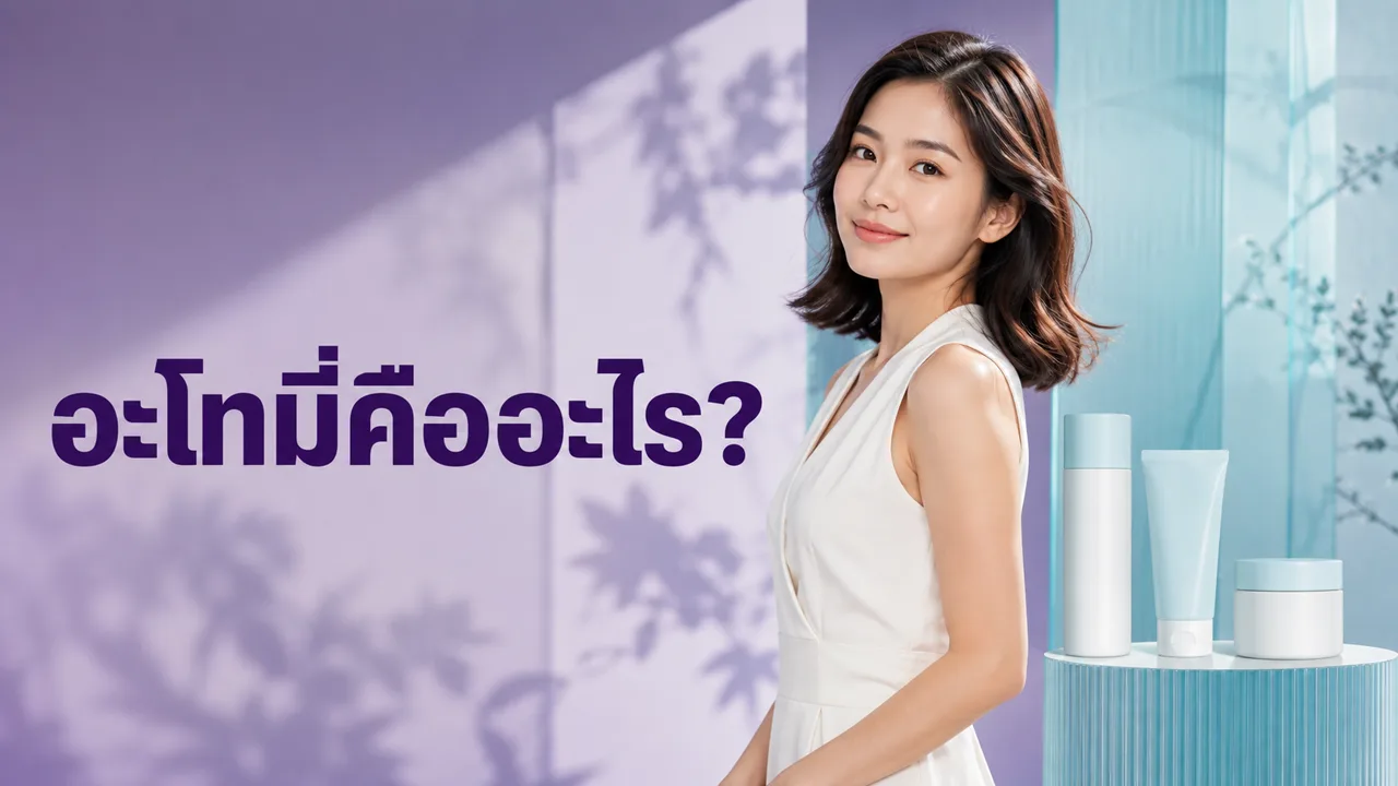 ผู้หญิงอยู่ข้างขวดผลิตภัณฑ์ดูแลผิวที่ไม่มีตราสินค้า พร้อมข้อความว่าอะโทมี่คืออะไร