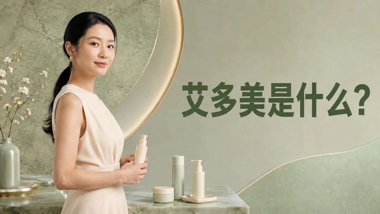 一位女性坐在无品牌护肤品瓶旁，图片上写着“艾多美是什么？”