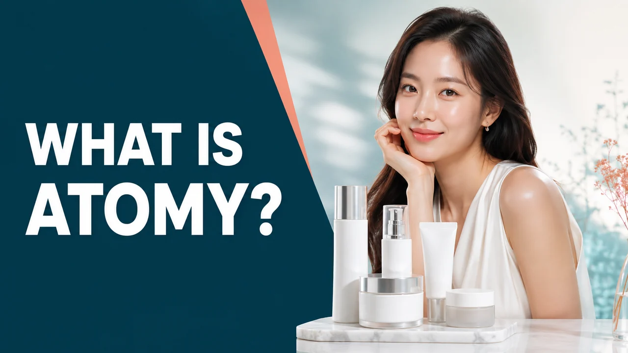 Woman beside unbranded skincare bottles with the headline What Is Atomy